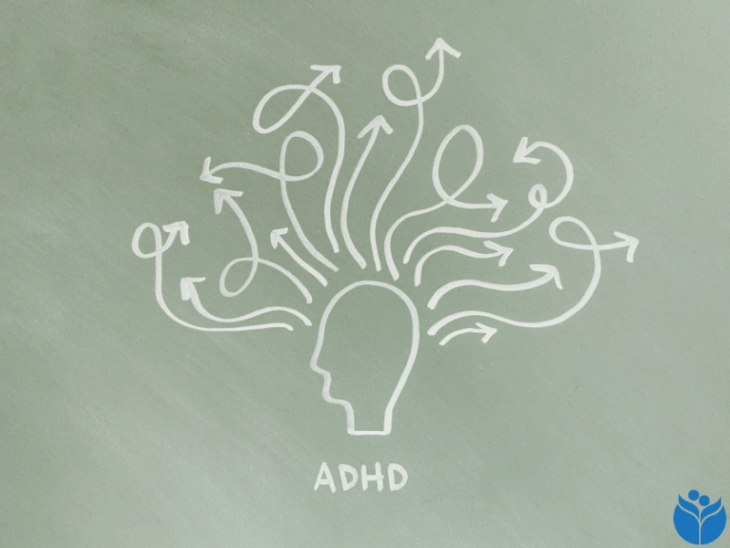 A graphic of a head with lines and arrows coming out to represent the thoughts of ADHD. ADHD treatment and ADHD therapy can help correct these issues.