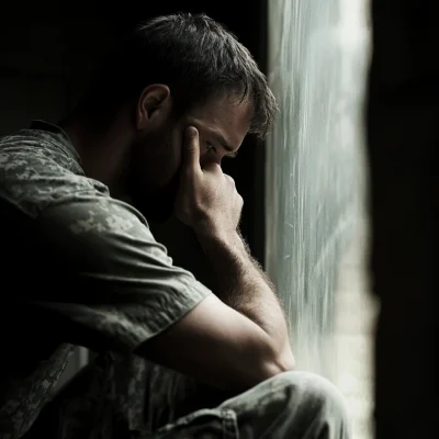 ptsd trauma therapy - man holding face looking out window